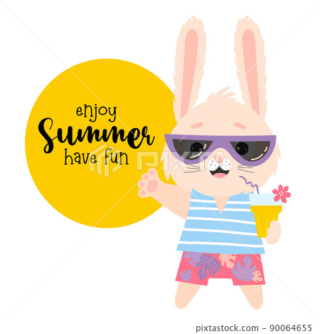 Cute summer hare in sunglasses with cocktail. Vector illustration. Card with tropical tourist rabbit character and slogan - enjoy summer have fun. For flyers, postcards, advertising, travel brochures. Cute summer hare in sunglasses with cocktail. Vector illustration. Card with tropical tourist rabbit character and slogan - enjoy summer have fun. For flyers, postcards, advertising, travel brochures. 90064655