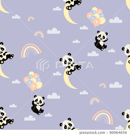 Seamless pattern with cute panda flies on balloons and playful teddy bear hangs on moon on purple background with clouds and rainbow. Vector illustration. Scandinavian kids collection for design Seamless pattern with cute panda flies on balloons and playful teddy bear hangs on moon on purple background with clouds and rainbow. Vector illustration. Scandinavian kids collection for design 90064656