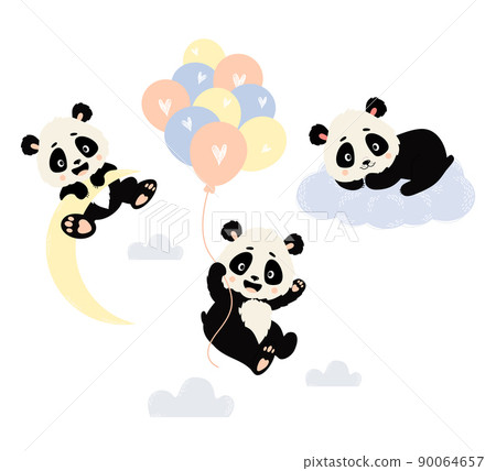 Collection of Cute Panda Characters. Panda flying on balloons, lying on cloud and hanging on moon. Vector illustration. Cute animal in scandinavian style for nursery and posters, nursery collection Collection of Cute Panda Characters. Panda flying on balloons, lying on cloud and hanging on moon. Vector illustration. Cute animal in scandinavian style for nursery and posters, nursery collection 90064657
