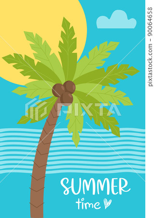 Summer time poster with sea, sun and palm tree. Vector illustration. Beautiful Summer Vertical map of tropical beach for flyers, postcards, advertising, travel brochures. Summer time poster with sea, sun and palm tree. Vector illustration. Beautiful Summer Vertical map of tropical beach for flyers, postcards, advertising, travel brochures. 90064658