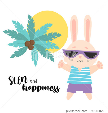 Cute hare in sunglasses, sun and palm tree. Summer Card with the slogan - Sun and happiness. Vector illustration Funny tourist character rabbit for flyers, postcards, advertising, travel and print Cute hare in sunglasses, sun and palm tree. Summer Card with the slogan - Sun and happiness. Vector illustration Funny tourist character rabbit for flyers, postcards, advertising, travel and print 90064659