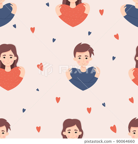 Seamless pattern with couple in love. girl with long hair and young man hugging themselves on light pink background with hearts. Vector illustration. Love yourself and find time for yourself and care. Seamless pattern with couple in love. girl with long hair and young man hugging themselves on light pink background with hearts. Vector illustration. Love yourself and find time for yourself and care. 90064660