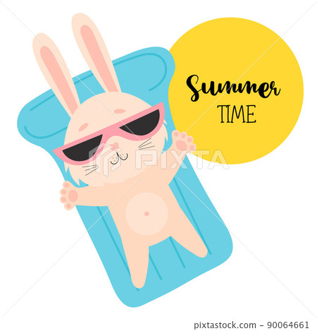 Summer time. Cute rabbit in sunglasses is resting on waterproof rubber mattress. Vector illustration. Summer funny hare character for design, print, cards, flyers and decor. Summer time. Cute rabbit in sunglasses is resting on waterproof rubber mattress. Vector illustration. Summer funny hare character for design, print, cards, flyers and decor. 90064661