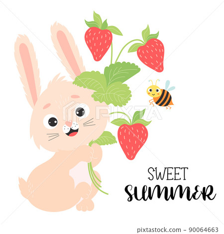 Cute rabbit with bouquet of strawberries and funny bee. Vector illustration. Summer card with hare character and slogan - Sweet Summer for design, print, postcards, flyers. 90064663