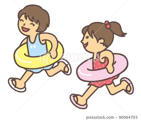 女孩們穿著泳衣帶著浮環快樂地奔跑 90064703