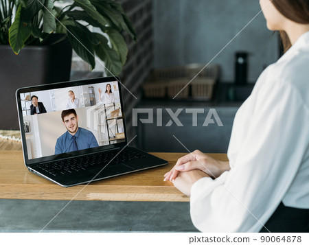 Web chat. Coworkers network. Internet interview. Diverse business colleagues discussing project working online in digital office on laptop screen. 90064878