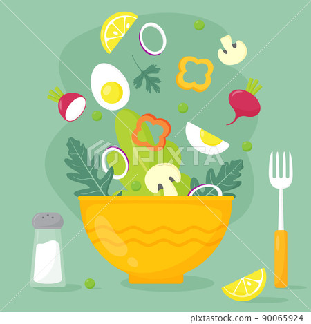 Colorful poster with vegetable salad of radishes, mushrooms, eggs, paprika, lettuce and onions. Set of healthy food on a green background. The image also features salt, a fork, and a salad bowl. 90065924