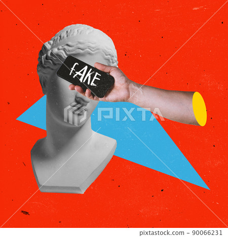 Contemporary art collage. Antique statue bust and phone screen covering eyes with fake news lettering Contemporary art collage. Antique statue bust and phone screen covering eyes with fake news lettering 90066231