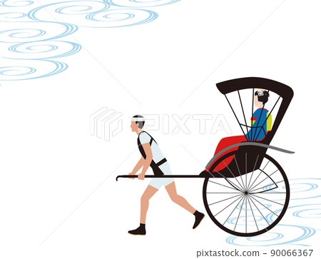 夏天,流水圖案,人力車和穿和服的女人 日式插圖 夏天,流水圖案,人力車和穿和服的女人 日式插圖 90066367