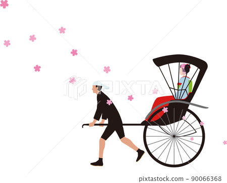 春天、櫻花、人力車和穿和服的女人 日式插圖 春天、櫻花、人力車和穿和服的女人 日式插圖 90066368
