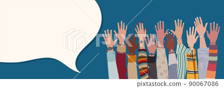 Group hand-up of multicultural and multiethnic men and women. Diversity equality and inclusion concept. People of different cultures. Speech bubble copy space. Blue background banner 90067086