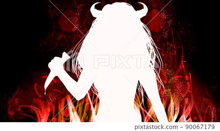 Black-and-white paper-cut silhouette of a devil cosplay wife with a burning red flame and a knife 90067179