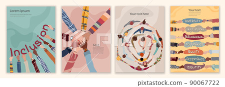 Diversity inclusion and equality concept. People of diverse cultures forming a circle. Group of multicultural men and women. Editable brochure template flyer leaflet cover poster. Hand up 90067722