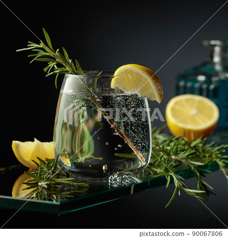Gin tonic cocktail with lemon and rosemary. 90067806