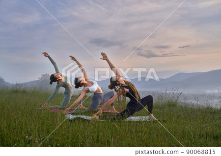 Fitness young women in activewear having workout during free time on fresh air. Sporty females training regularly outdoors. Body care concept. Fitness young women in activewear having workout during free time on fresh air. Sporty females training regularly outdoors. Body care concept. 90068815