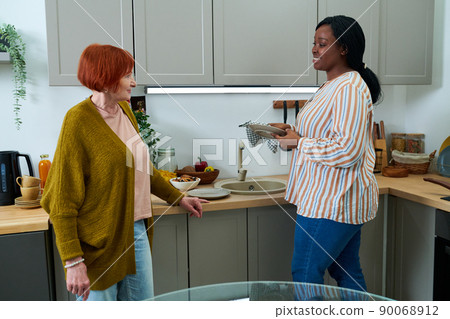 African young volunteer helping senior woman to wash dishes in kitchen, she smiling and talking during housework African young volunteer helping senior woman to wash dishes in kitchen, she smiling and talking during housework 90068912