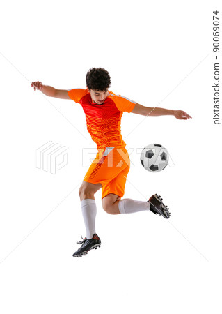 Professional football, soccer player in motion isolated on white studio background. Concept of sport, match, active lifestyle, goal and hobby 90069074