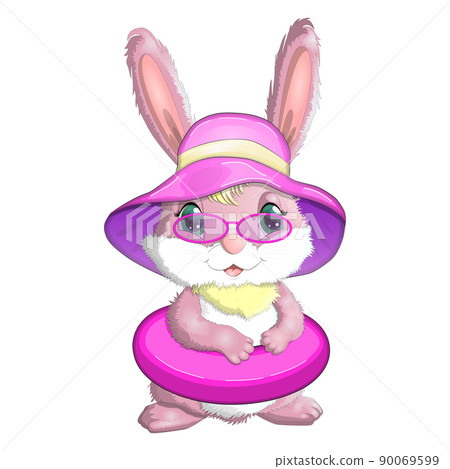 Cute rabbit, hare in a summer hat and swim ring, flippers. Beach, holiday, vacation concept. Symbol of 2023 Cute rabbit, hare in a summer hat and swim ring, flippers. Beach, holiday, vacation concept. Symbol of 2023 90069599