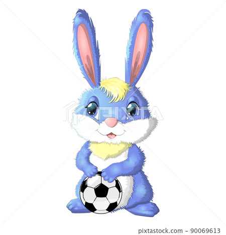 Cartoon rabbit, hare with a football ball. Cute childish character, symbol of 2023 new chinese year. Cartoon rabbit, hare with a football ball. Cute childish character, symbol of 2023 new chinese year. 90069613
