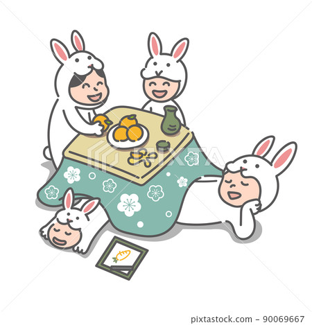 A family of four wearing a rabbit costume to relax with a kotatsu (New Year's card for the year of the rabbit in 2023) A family of four wearing a rabbit costume to relax with a kotatsu (New Year's card for the year of the rabbit in 2023) 90069667