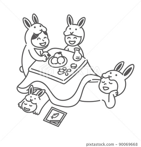 A family of four wearing a rabbit costume to relax with a kotatsu (New Year's card for the year of the rabbit in 2023) A family of four wearing a rabbit costume to relax with a kotatsu (New Year's card for the year of the rabbit in 2023) 90069668