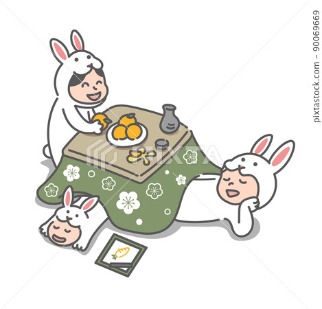 A family of three wearing a rabbit costume to relax with a kotatsu (New Year's card for the year of the rabbit in 2023) A family of three wearing a rabbit costume to relax with a kotatsu (New Year's card for the year of the rabbit in 2023) 90069669