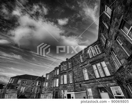 Rear View Of Scottish Tenement Buildings, Black And White. 90069805