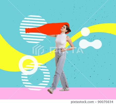 Contemporary art collage. Inspiration, idea, trendy urban magazine style. Young girl carries huge drawn wine bottle on her shoulders isolated on abstract background. 90070834