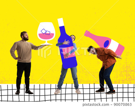 Contemporary art collage. Inspiration, idea, trendy urban magazine style. Young people going to alcohol party, drinking wine, having fun Contemporary art collage. Inspiration, idea, trendy urban magazine style. Young people going to alcohol party, drinking wine, having fun 90070863