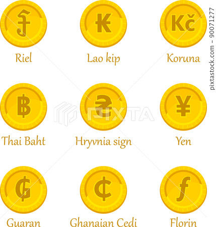 Riel, Lao coin, Czech koruna, Thai baht, Ukraine, Japanese yen, Guarani, Ghanaian cedi, Dutch guilder and other currency symbols 90071277