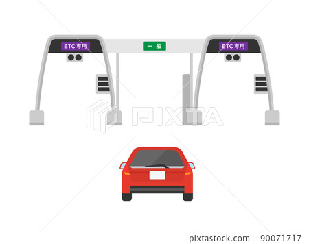 Illustration of a car passing through a tollhouse on a highway 90071717