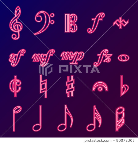 Musical Signs Neon Vector Icons Set. Musical Clef, down beat, sforzando, forte, piano signs. 90072305
