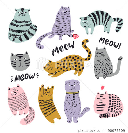 Cute cats hand drawn set. Funny kitten characters doodle illustration. Flat pets vector. Cute cats hand drawn set. Funny kitten characters doodle illustration. Flat pets vector. 90072309
