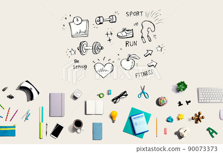 Fitness and diet with electronic gadgets and office supplies Fitness and diet with electronic gadgets and office supplies 90073373