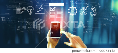 Project management theme with person using smartphone Project management theme with person using smartphone 90073418