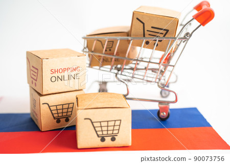 Box with shopping online cart logo and Russia flag, Import Export Shopping online or commerce finance delivery service store product shipping, trade, supplier concept. Box with shopping online cart logo and Russia flag, Import Export Shopping online or commerce finance delivery service store product shipping, trade, supplier concept. 90073756