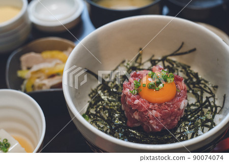 Yukhoe bowl set meal of raw horse meat that looks delicious in the lunch set Yukhoe bowl set meal of raw horse meat that looks delicious in the lunch set 90074074