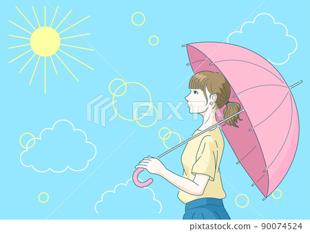 在陽光明媚的日子裡帶著遮陽傘外出的婦女的插圖 設計的背景材料 外形，上身，夏天 90074524