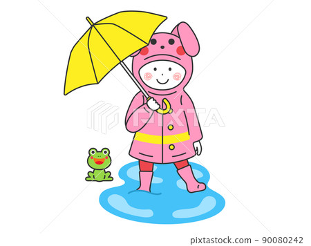 一個女孩拿著雨傘，穿著兔子雨衣，進入水坑的插圖 90080242