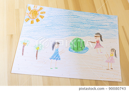 A picture of watermelon splitting in the sea drawn by a child 90080743