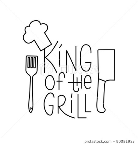Barbecue tools with handwritten lettering sign King of the grill. Editable stroke. Vector stock illustration isolated on white background for design packaging, logo, party, menu in restaurant. EPS10 Barbecue tools with handwritten lettering sign King of the grill. Editable stroke. Vector stock illustration isolated on white background for design packaging, logo, party, menu in restaurant. EPS10 90081952