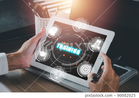 Training online, Education webinar, Person digital tablet with VR screen training online icon background, education on internet, e-learning concept... Training online, Education webinar, Person digital tablet with VR screen training online icon background, education on internet, e-learning concept... 90082025