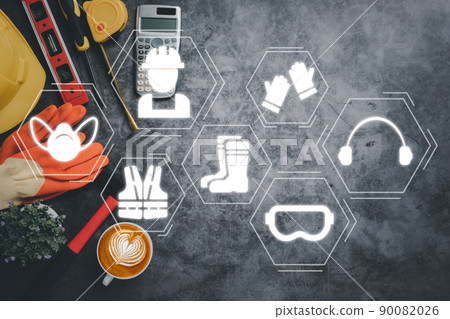 Work safety concept, Top view engineer office with VR screen work safety icon, First secure rules. Health protection, personal security people on job.. 90082026