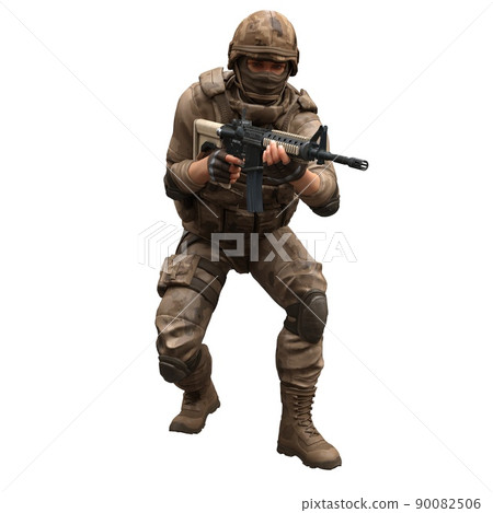 Soldier with a machine gun isolated white background 3d illustration 90082506