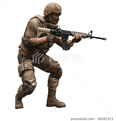 Soldier with a machine gun isolated white background 3d illustration 90082523
