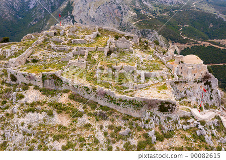 View from drone of ruined medieval Sopot Castle, Albania View from drone of ruined medieval Sopot Castle, Albania 90082615