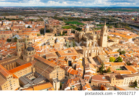 Aerial view of beautiful architecture of Salamanca with Main Square and Holy Spirit Church, Spain 90082717