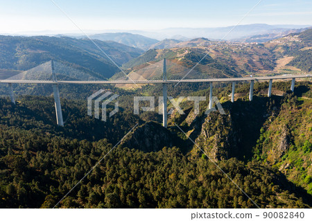 View from drone of Vila Real Bridge across gorge of Corgo river 90082840