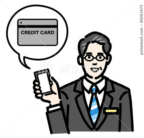 一名中年男子，身著西裝，戴著眼鏡，胸前有徽章，手持智能手機，解釋信用卡 90083475
