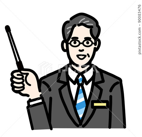 一位戴眼鏡的中年男子,身著西裝,身上有徽章,用指針解釋 一位戴眼鏡的中年男子,身著西裝,身上有徽章,用指針解釋 90083476